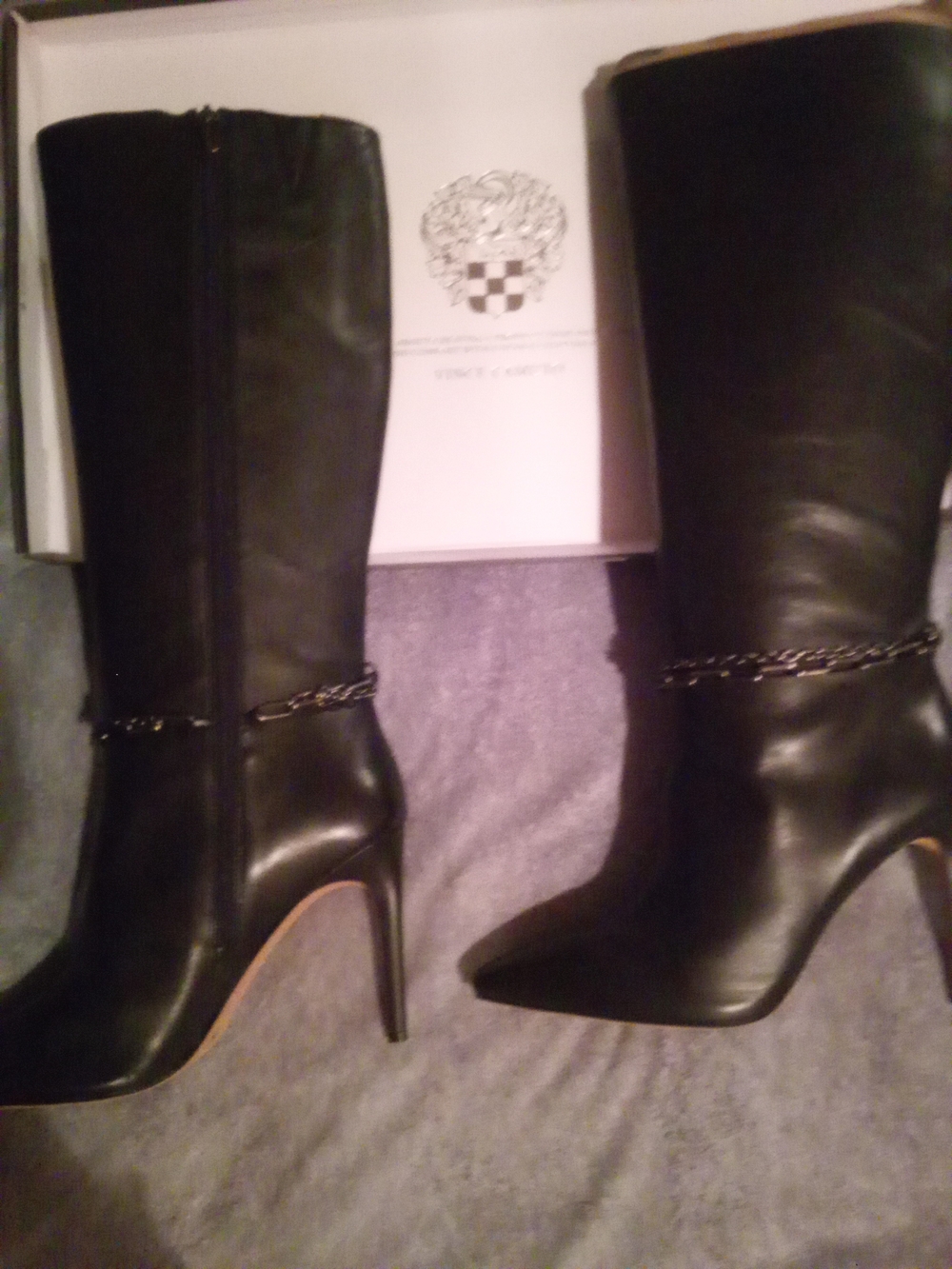 Vince Camuto Felinda Knee-High Pointed-Toe Stiletto Boots with Chain Accent